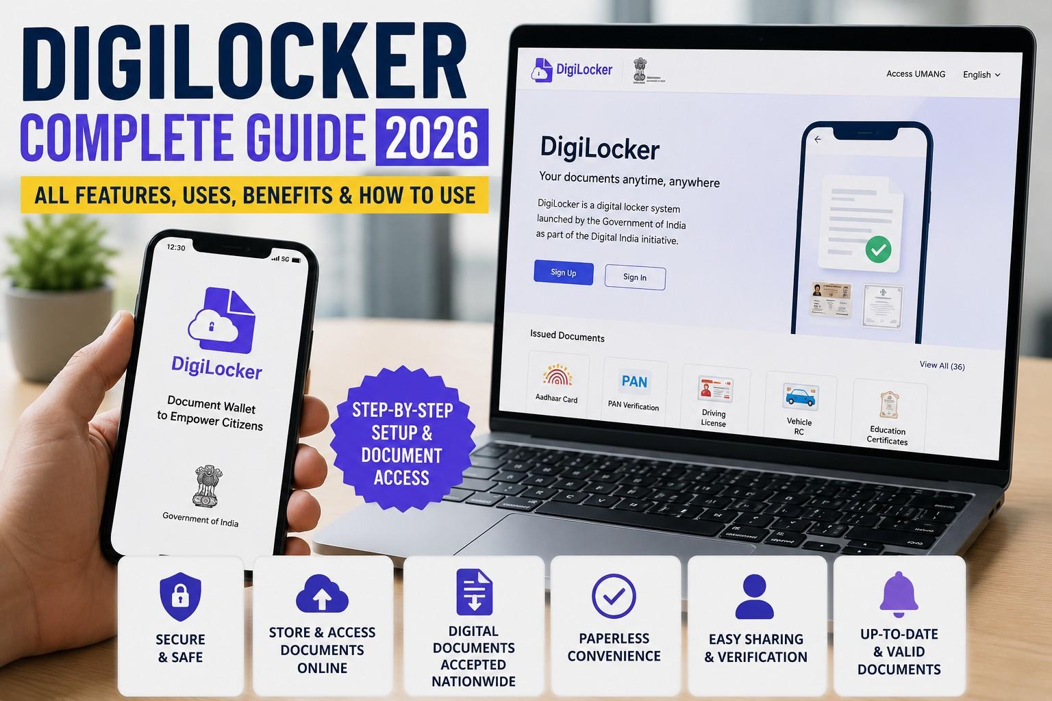 Smartphone showing DigiLocker app with Aadhaar, driving licence, and PAN cards